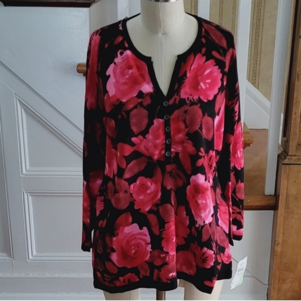 CATHY DANIELS Sweater Longsleeve Red Black Floral Sweater Top Size XL - Picture 1 of 5